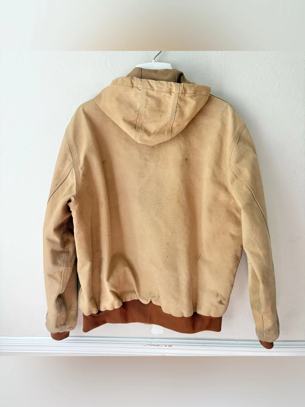 Vintage Carhartt Tan Duck Thrashed Faded Workwear Hooded Jacket Made in USA